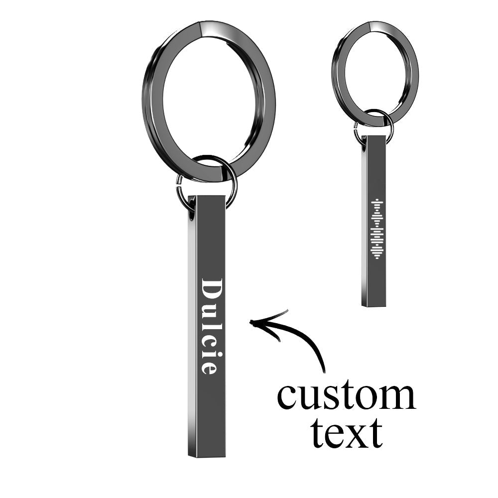 Detailed macro of laser engraving on stainless steel music keychain showing crisp Spotify code lines and personalised name