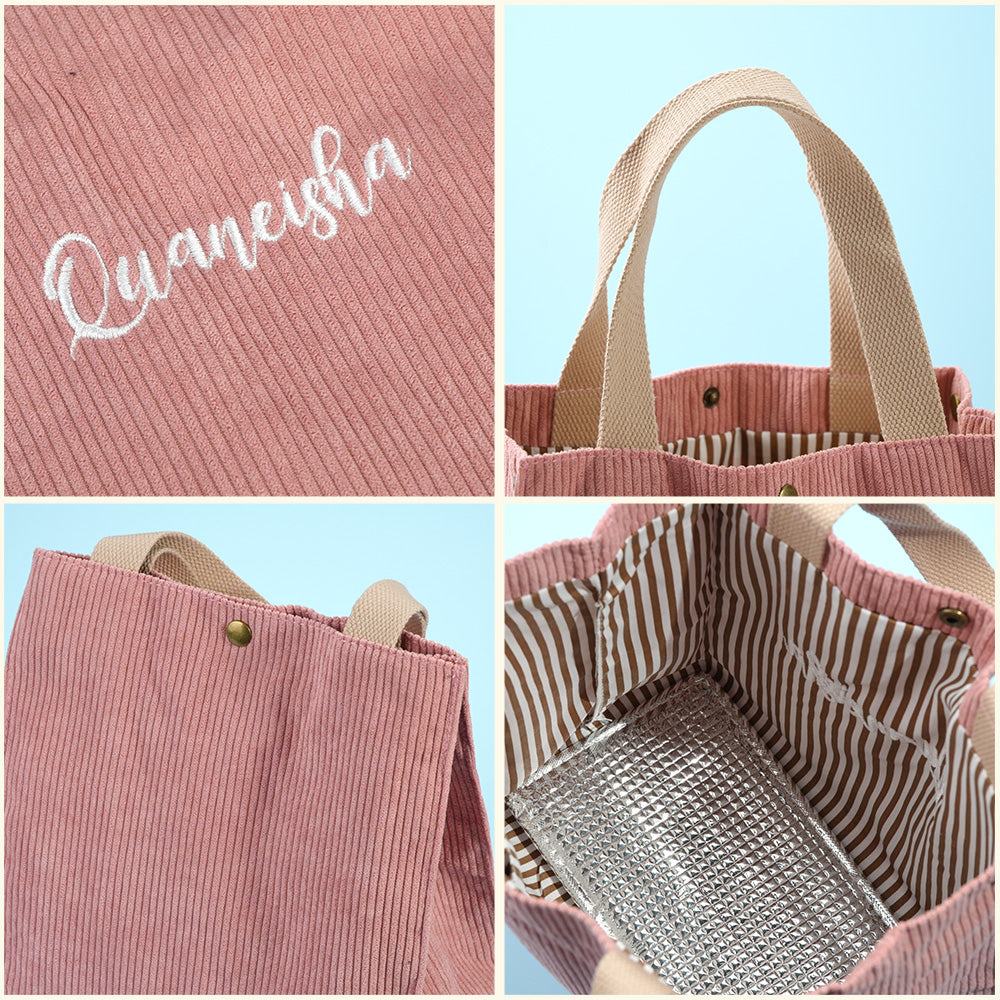 Size comparison showing 9in x 9in x 5in (23×23×13cm) personalised lunch tote – compact lunch bag for school and day trips