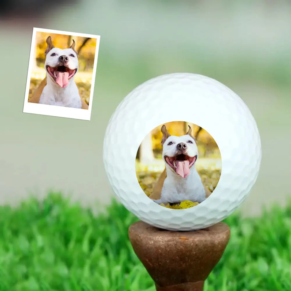 Double-sided personalised golf ball showing two different photos – UV-printed custom golf gift