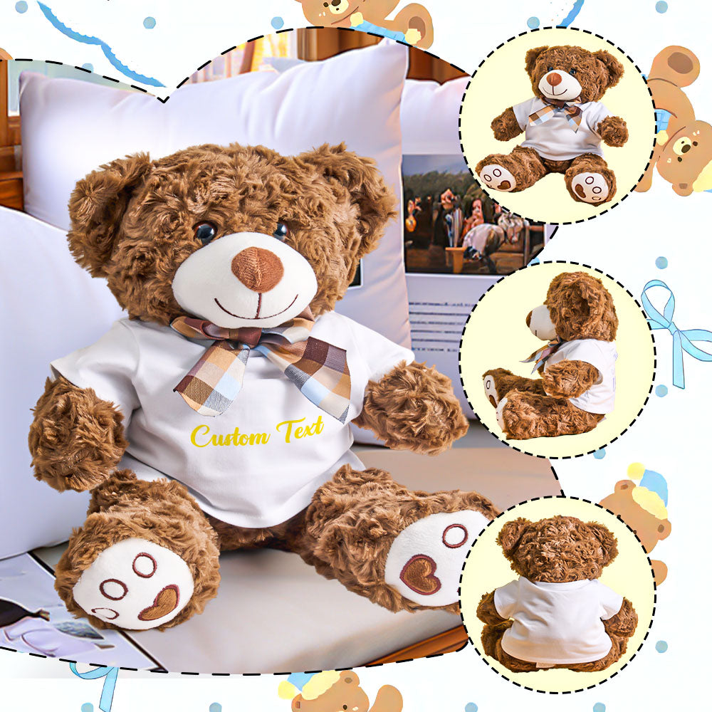 Close-up of custom text embroidery on the bear showing clear, legible lettering – made-to-order personalisation for meaningful keepsakes