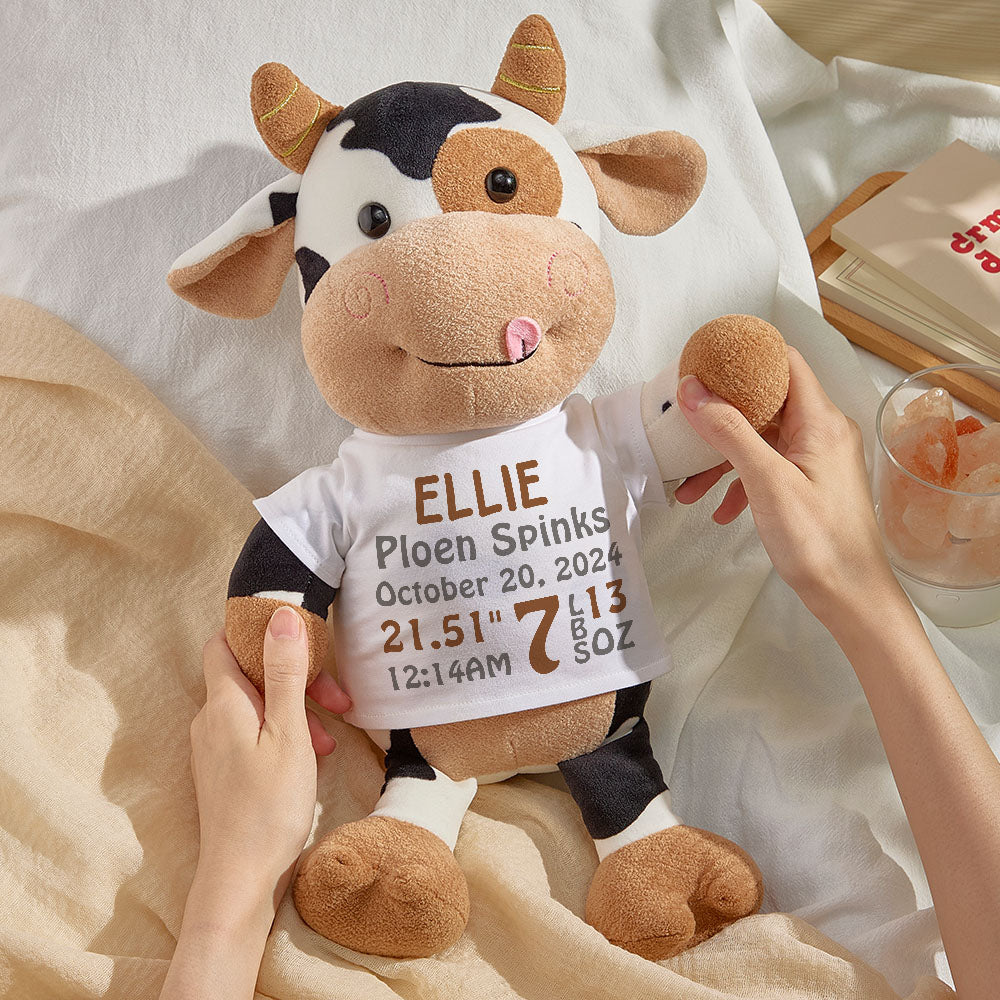 Close-up of personalised cow head showing chosen hairstyle and facial expression — soft plush keepsake customised for baby name gifts
