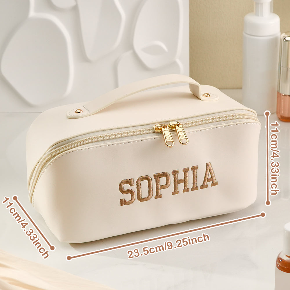 Personalised makeup bag filled with cosmetics to demonstrate storage capacity and organisation – travel organiser 9.25 x 4.33 inches