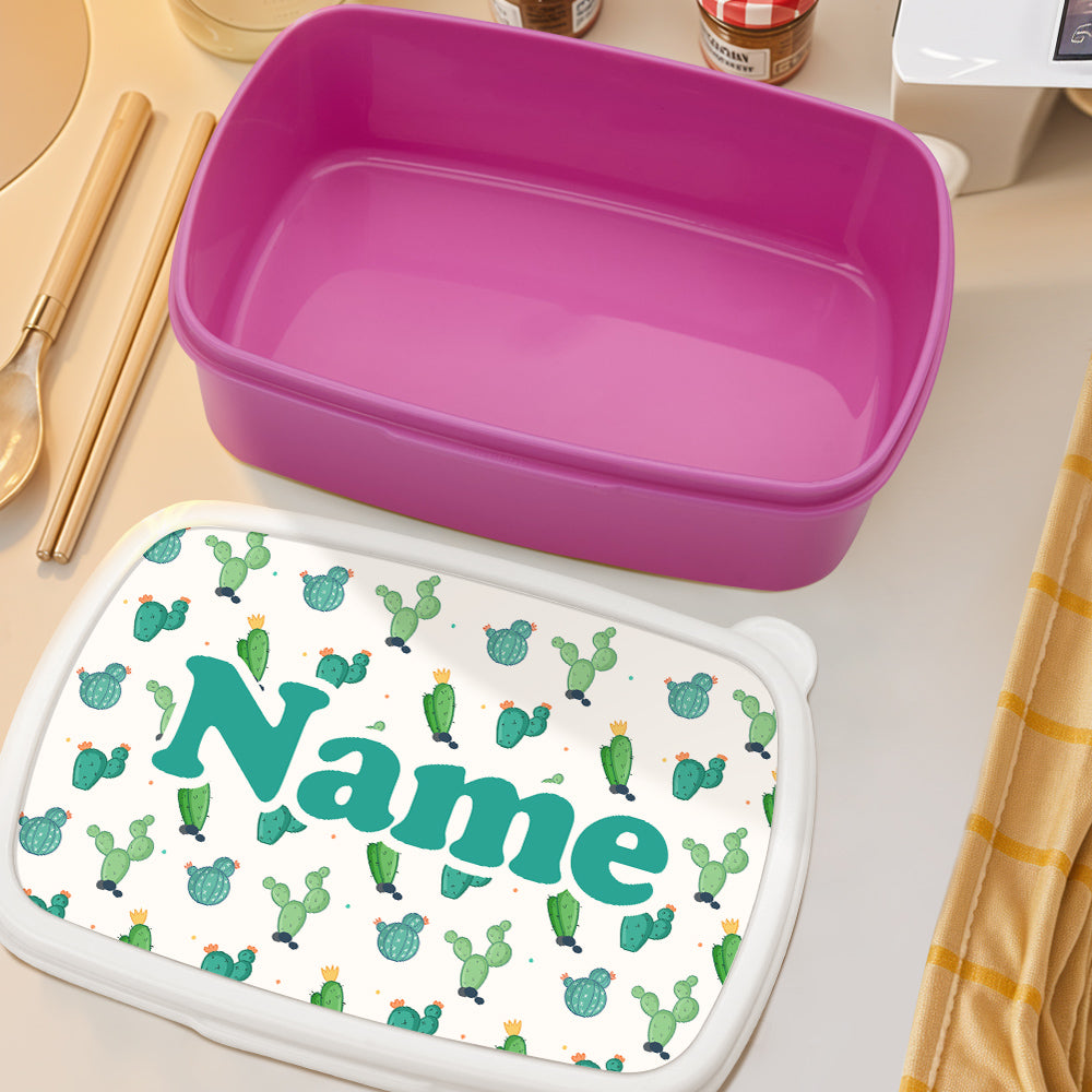Close-up of customised name on lid of personalised cactus lunch box showing neat print and bright, kid-friendly design