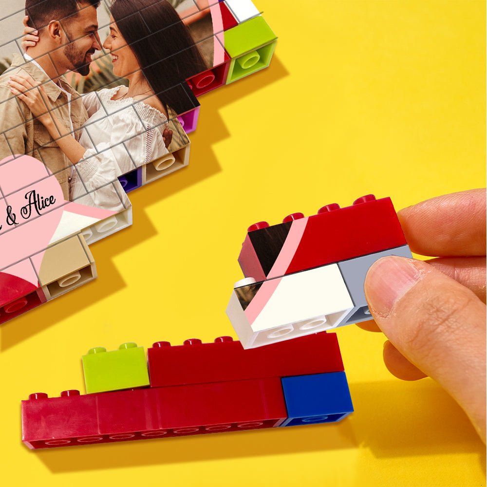 Disassembled view of interlocking rectangular blocks from the Personalised Heart Photo Block Puzzle showing rebuildable modular design and UV single-sided print