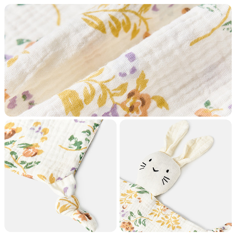 Side perspective; fabric softness and embroidery area on the baby comforter