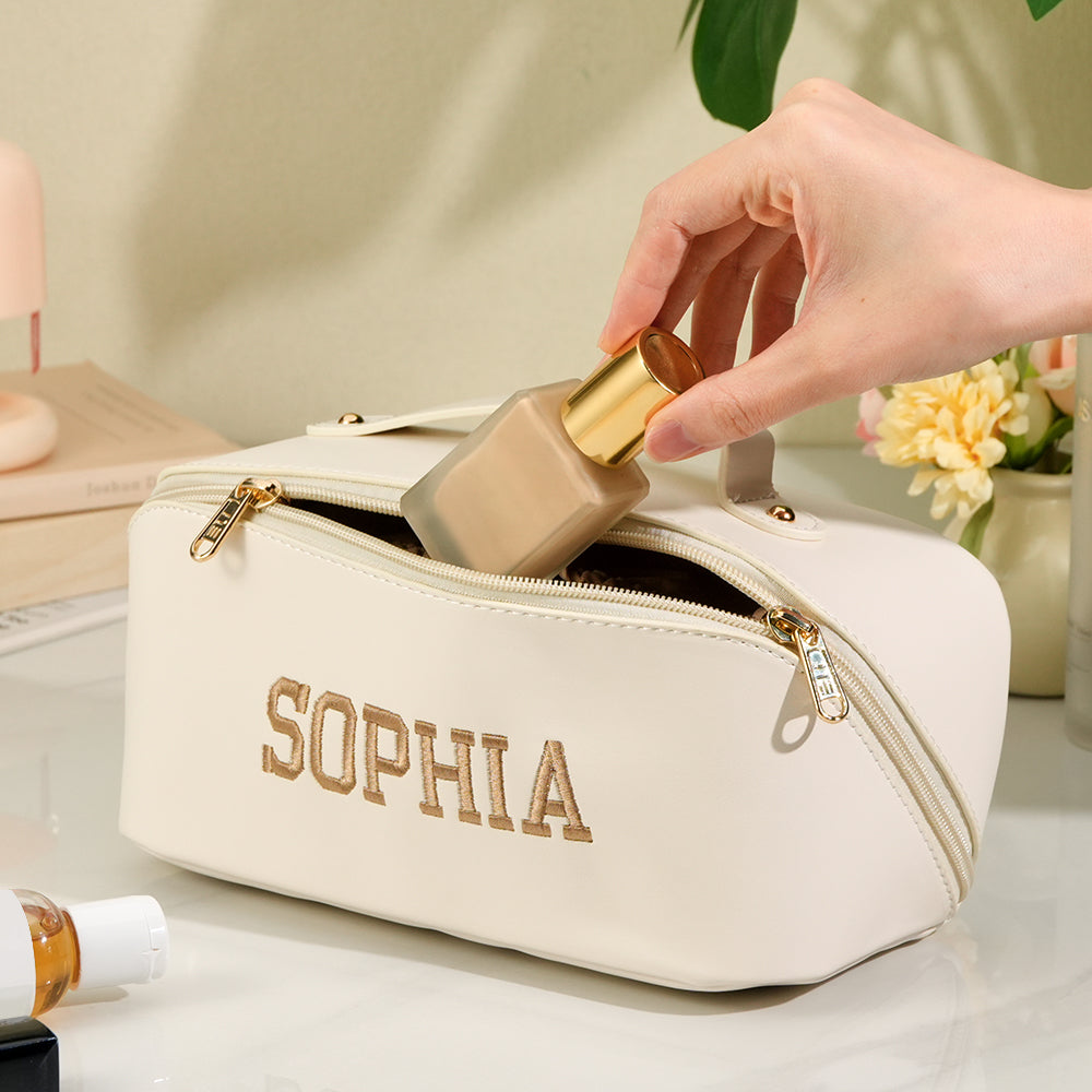 Personalised waterproof PU leather makeup bag with embroidered name, front view – travel cosmetics organiser, perfect gift for her (9.25 x 4.33 inches)