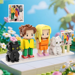 Custom Full-Body Brick Figures of 2 People & 2 Cats with Frame | Personalised Anniversary Gift