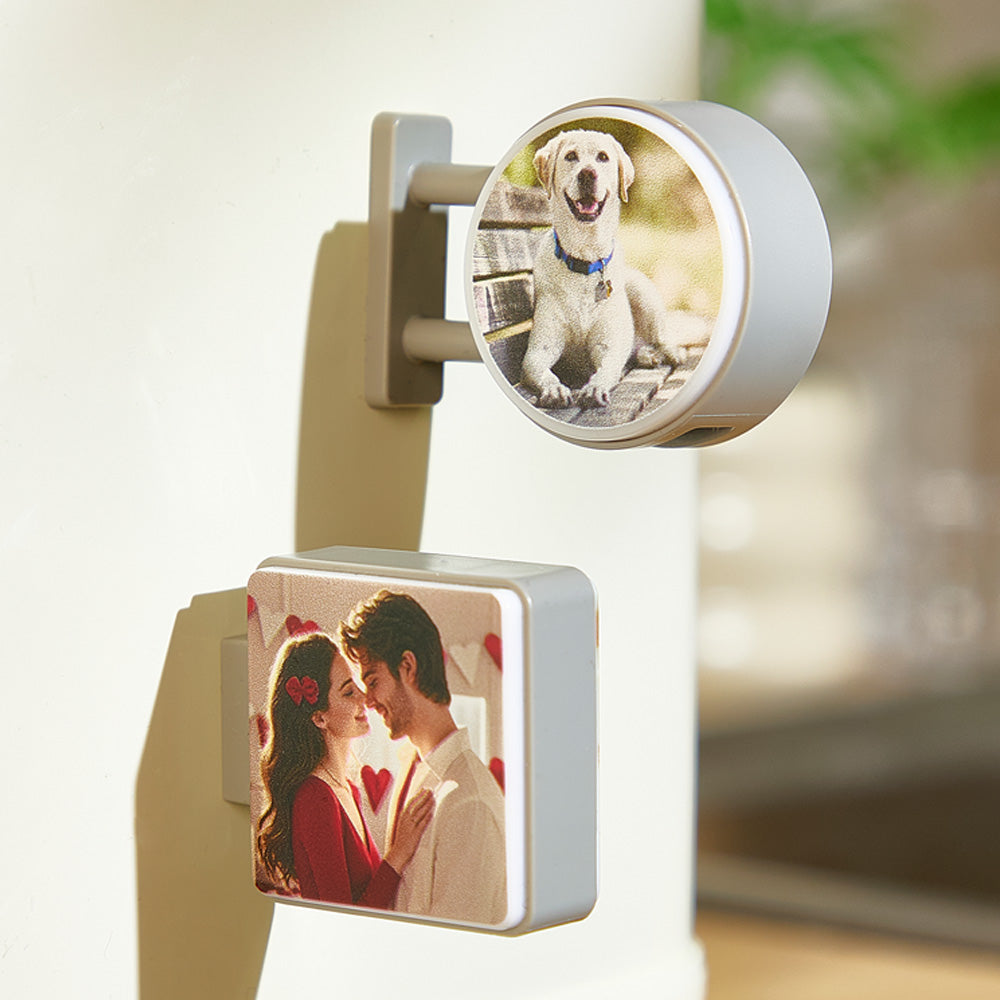 Lifestyle image of a personalised photo fridge magnet illuminated at night beside recipe notes — practical custom photo magnet for home décor