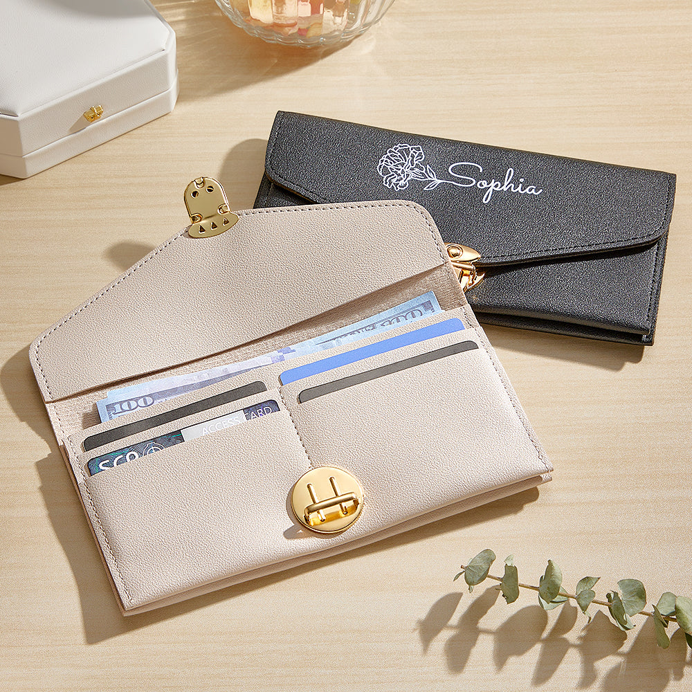Personalised PU Leather Birth Flower Wallet – Custom Name Birthday Gift for Her