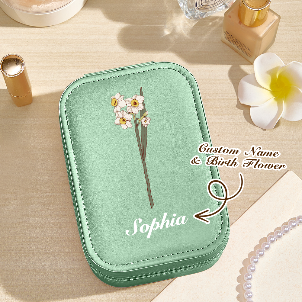 Personalised Birth Flower PU Leather Jewellery Box with LED Mirror | Unique Birthday Gift for Her