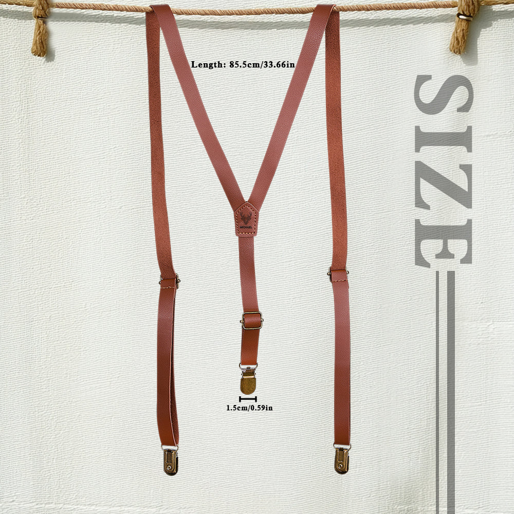 Full-length view of mens personalised suspenders in classic style — adjustable 85.5cm straps ideal for formal wear