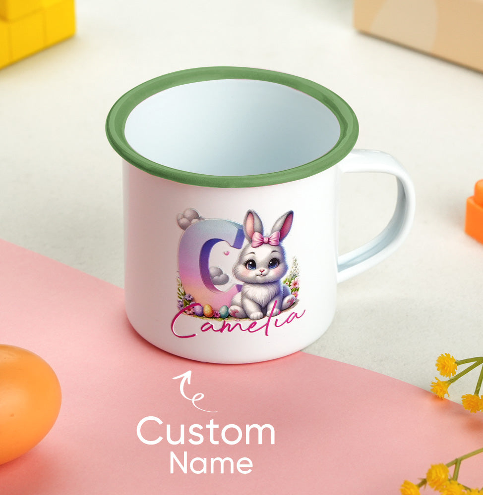Personalised bunny enamel mug in gift-ready presentation — perfect for Easter baskets, durable enamel exterior and stainless interior