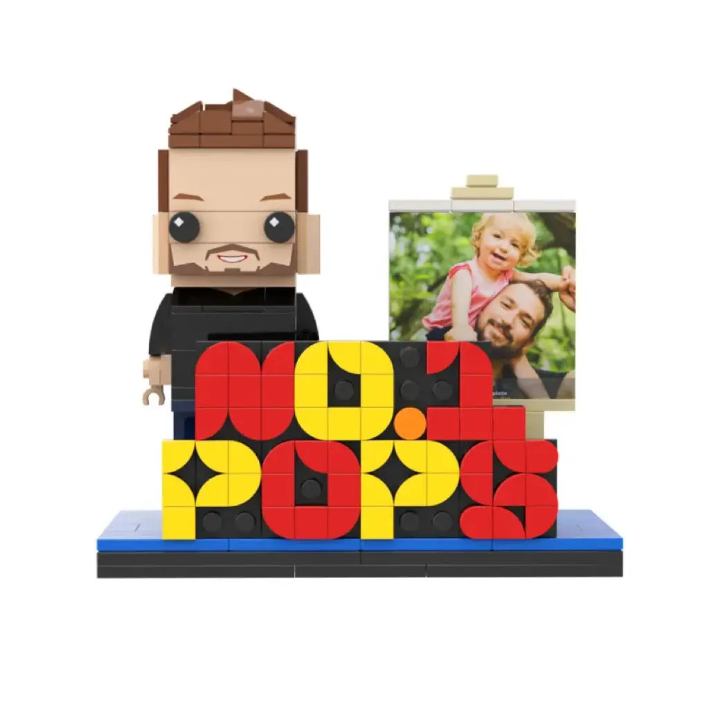 Customisable building block figure shown with a small accessory in a standard pose, demonstrating scale and detail — perfect custom minifigure with photo for Father's Day