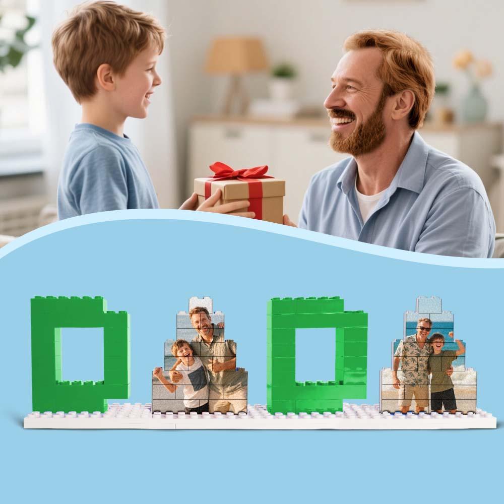 Assembled personalised DADA building brick photo block on display — personalised photo brick puzzle and Father's Day gift