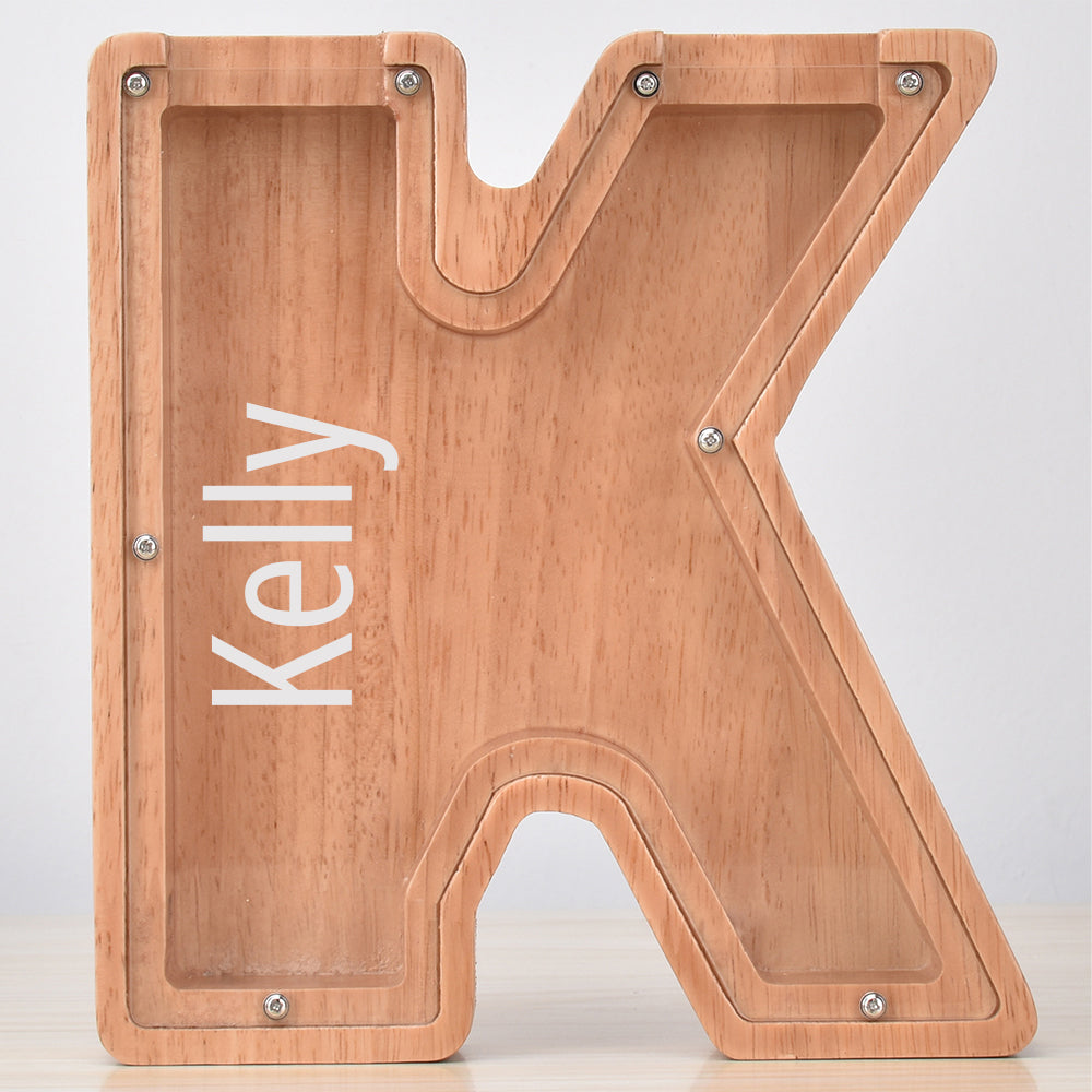 Personalised Oak Wooden Letter Money Box with Engraved Name | Handcrafted Piggy Bank