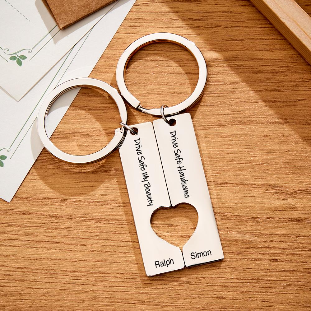 Examples of custom text options for personalised couple keyrings – add names, dates or short messages for engraving