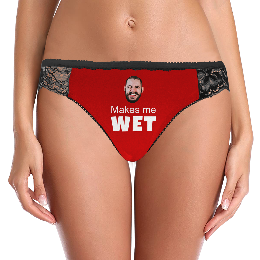 Side and back angle of personalised black lace panties showing breathable inner lining and comfortable elasticated waist – ideal personalised gift for her