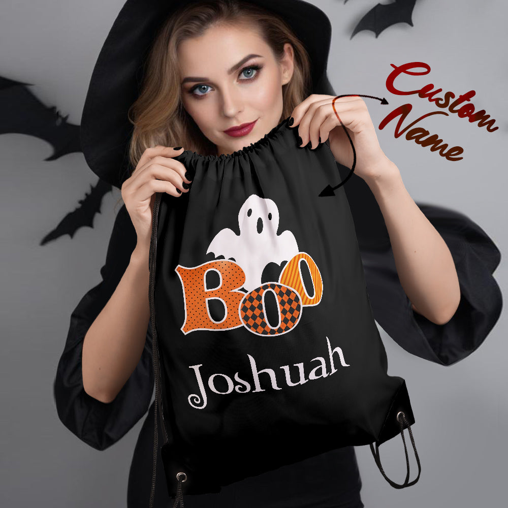 Interior capacity shot of personalised trick‑or‑treat backpack with sweets inside – roomy drawstring bag for Halloween parties