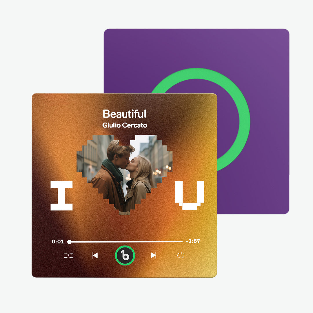 Close-up of FridgeBeats personalised photo music fridge magnet showing printed photo surface and tactile play area – sleek frameless acrylic design