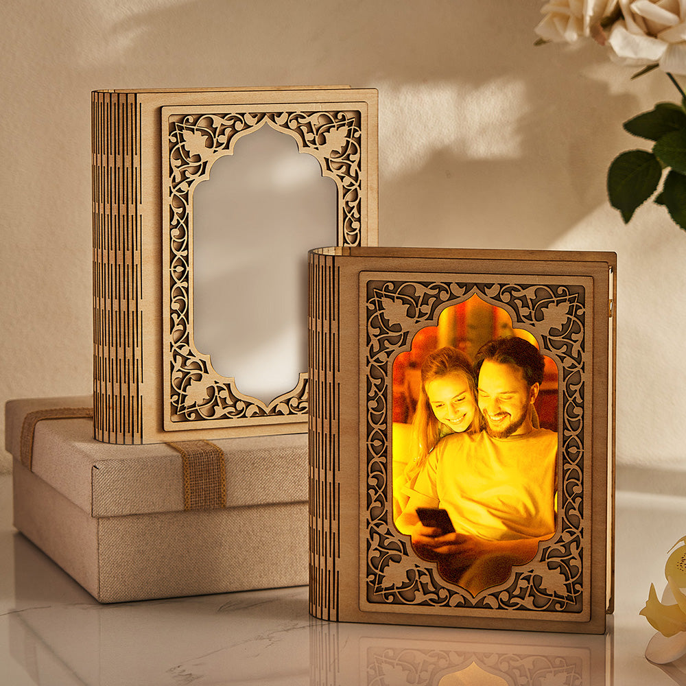 Personalised grimoire mirror photo frame with custom photo insert — wood and acrylic Book Lover Gift