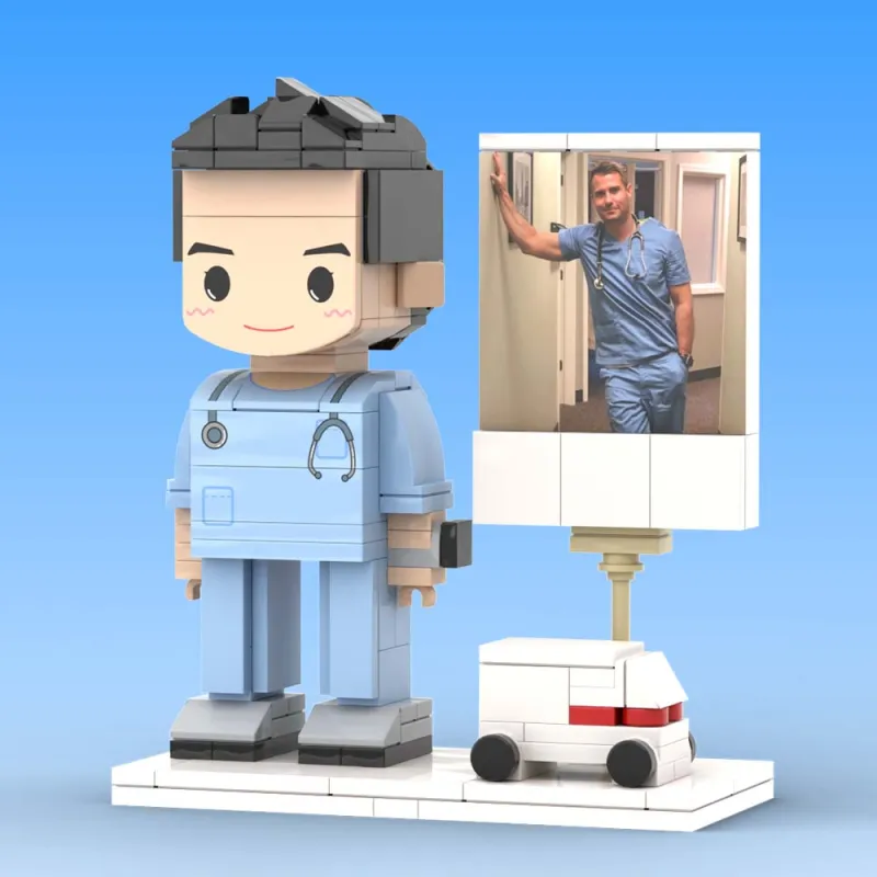 Collection of personalised full-body brick figures showcasing variations in hair, expression and clothing for custom doctor photo gifts