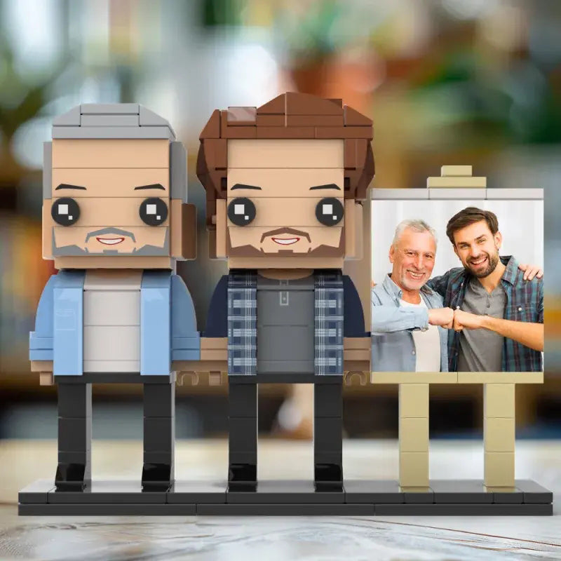 Side view of framed two-person brick figures highlighting full-body customised poses and eco-friendly ABS construction
