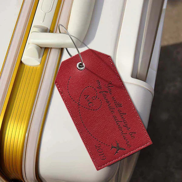 Personalised Engraved Leather Luggage Tag with Airplane Path Design - Custom Anniversary Gift