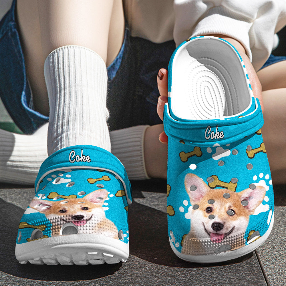 Side profile of personalised rubber clogs showing pet face design and heel strap – custom pet slippers