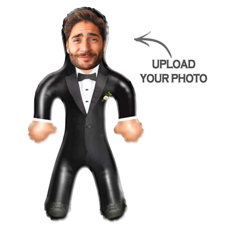 Front view of a personalised groom blow up doll featuring a custom photo face, a humorous wedding gift made from durable PVC inflatable material.