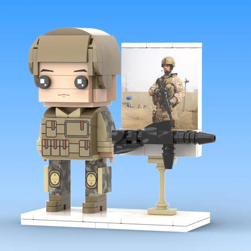 Close-up of personalised brick figure face and hairstyle customisation — photo-based custom full-body mini-figure, perfect for collectors and gifts