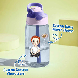 Personalized Cartoon Birth Flower Water Bottle with Straw 16oz Water Bottle Gift for Kids