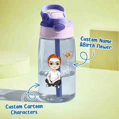 Personalized Cartoon Birth Flower Water Bottle with Straw 16oz Water Bottle Gift for Kids