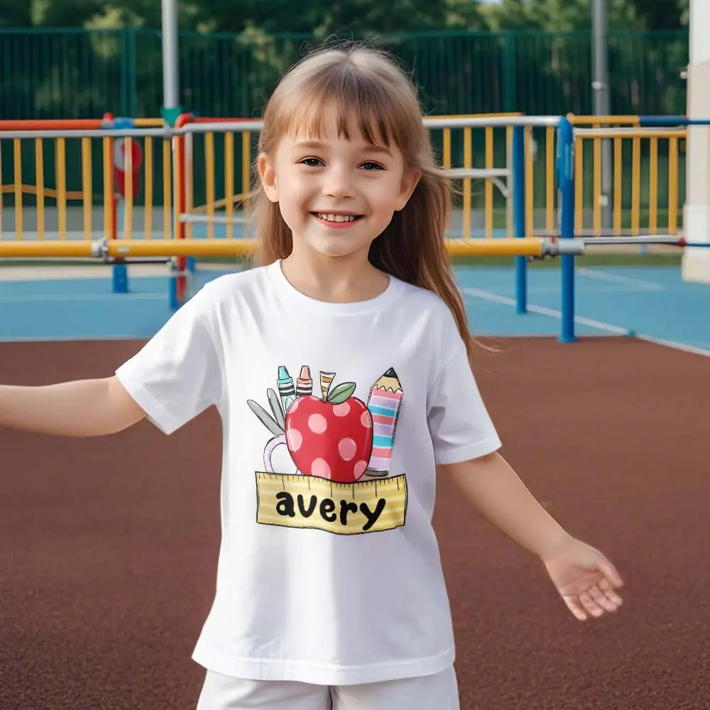 Close-up fabric texture of polyester personalised back to school T-shirt, machine washable and long lasting