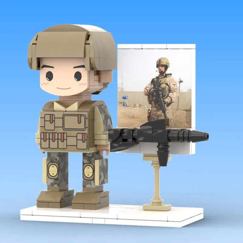 Custom full-body brick figure (one-person) in soldier theme — personalised photo-to-figure keepsake with Light Nougat skin tone, ideal personalised gift