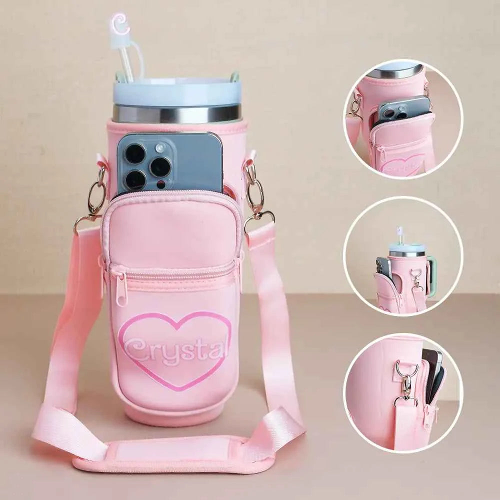Personalized Water Bottle Carrier Bag for 40oz Stanley Tumbler with Straw Topper Pouch Gift for Her