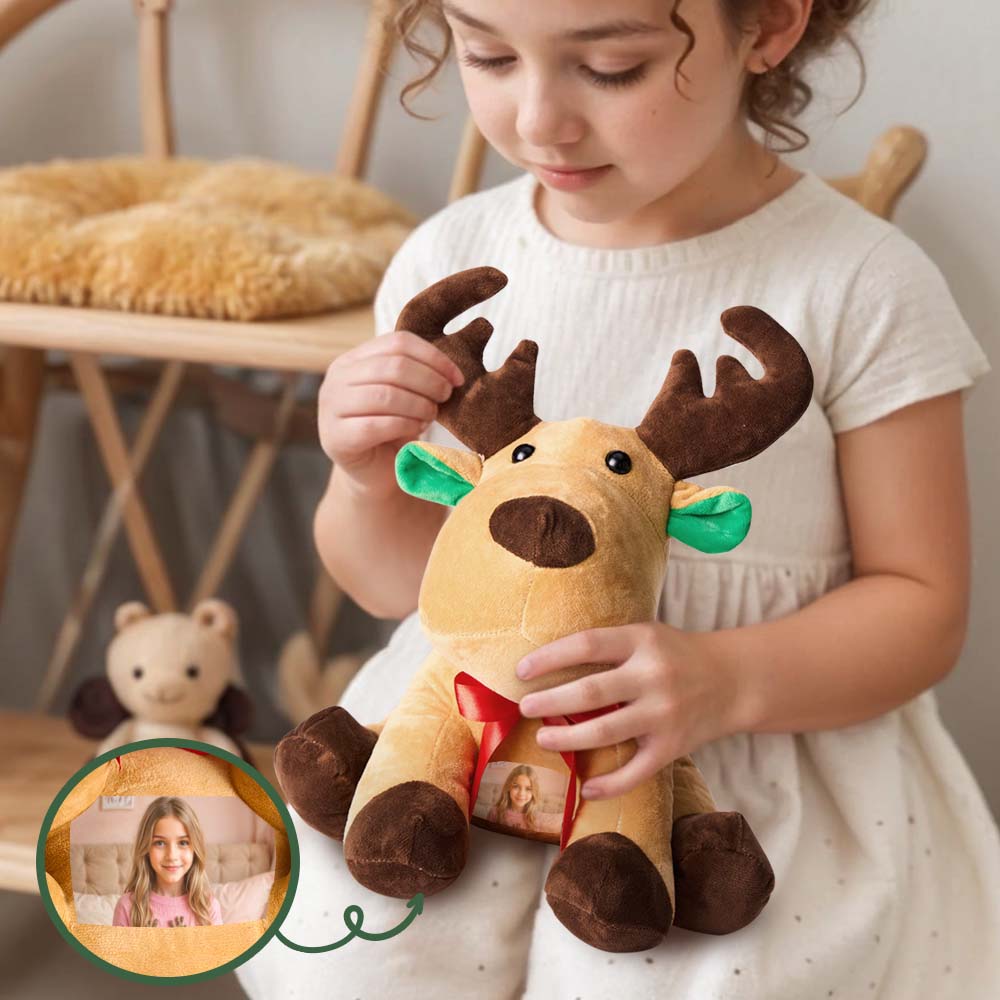 Personalised moose plush with printed photo on the belly — soft, huggable custom stuffed toy for kids (32×28 cm)