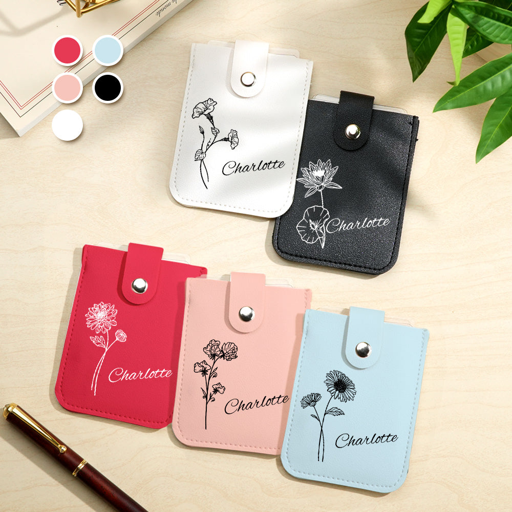 Scale shot of personalised birth flower mini card wallet in hand — 10 x 8 cm compact size that fits pockets and small bags