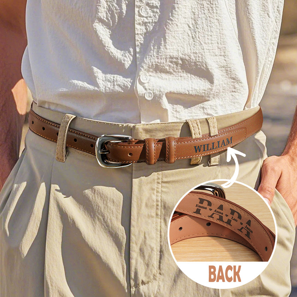 Rolled personalised PU leather belt showing engraved custom name and 'PAPA' detail — thoughtful engraved keepsake for him