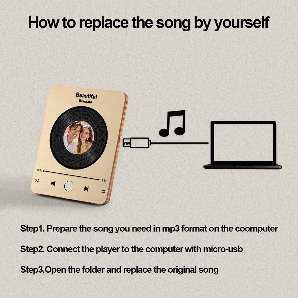 Handcrafted wooden finish and compact size of personalised photo music player — perfect personalised gift Australia