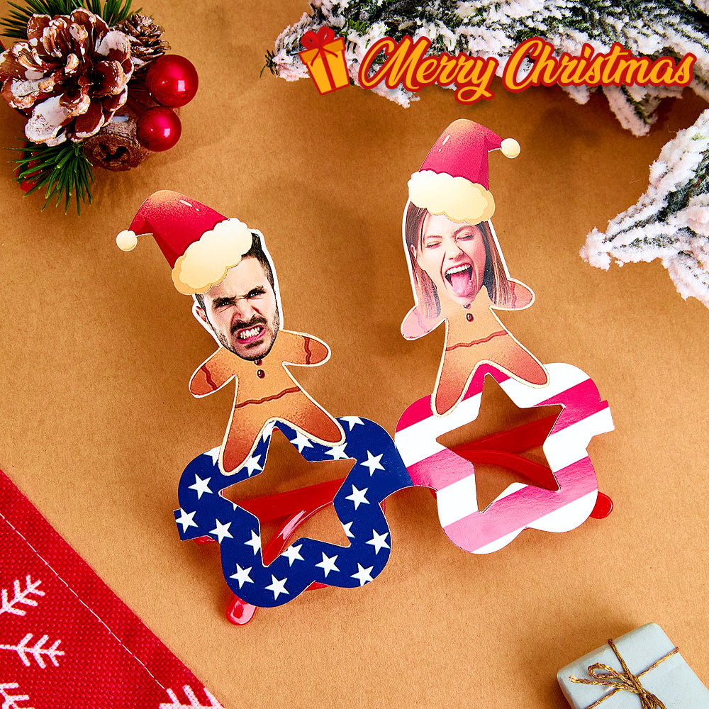 Close-up of printed personalised photo on plastic Christmas glasses frame showing high-resolution custom image and vibrant colours