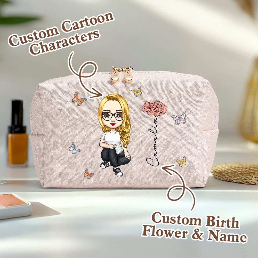 Travel flat lay with personalised cosmetic bag and essential make-up items — compact personalised pouch for travel and everyday use