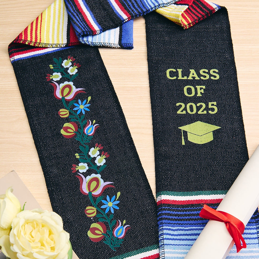 Close-up of Mexican-inspired motif and polyester weave on a personalised Class of 2025 graduation stole, showing vibrant colours and texture