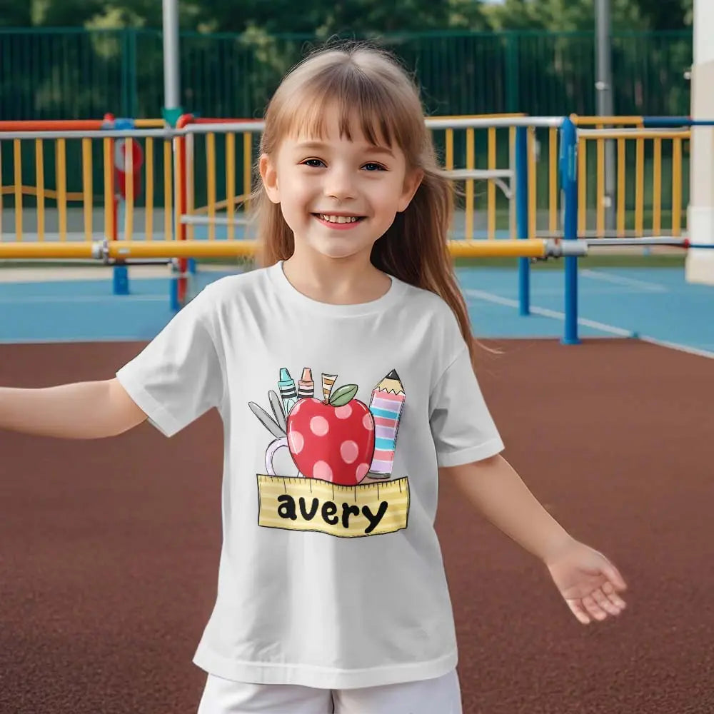 Size guide and ordering instructions for personalised back to school T-shirt close-up to assist customisation