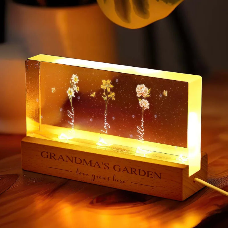 USB-powered LED base detail for personalised birth flower night light — low-energy and safe for continuous use