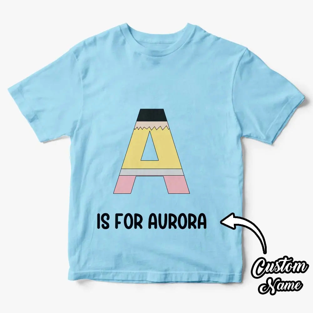 Personalised pencil t‑shirt presented as a gift — custom name printing makes a thoughtful keepsake for school starters