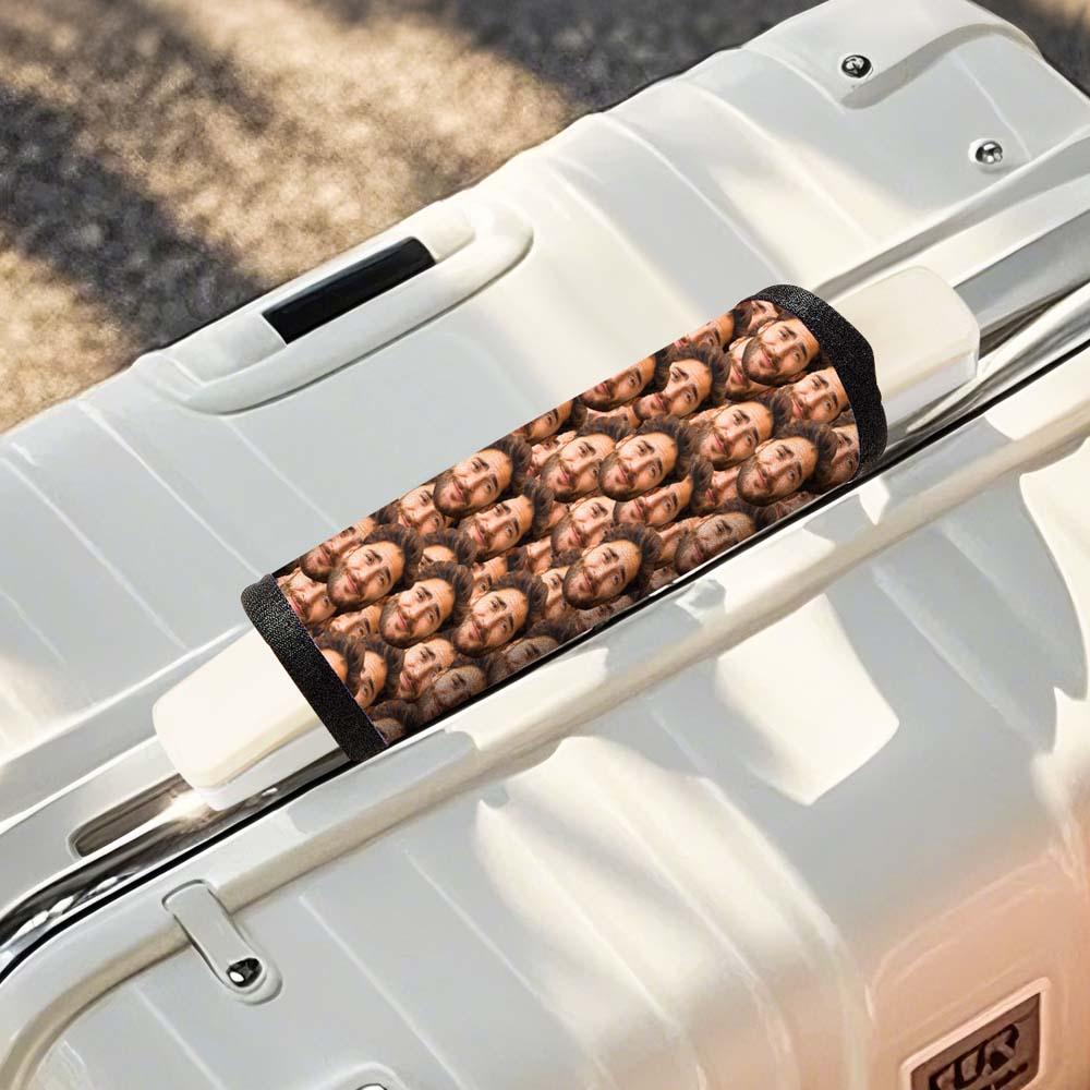 Personalised neoprene handle wrap showing vibrant printed photo customisation — durable, wipe-clean luggage tag for easy baggage carousel identification