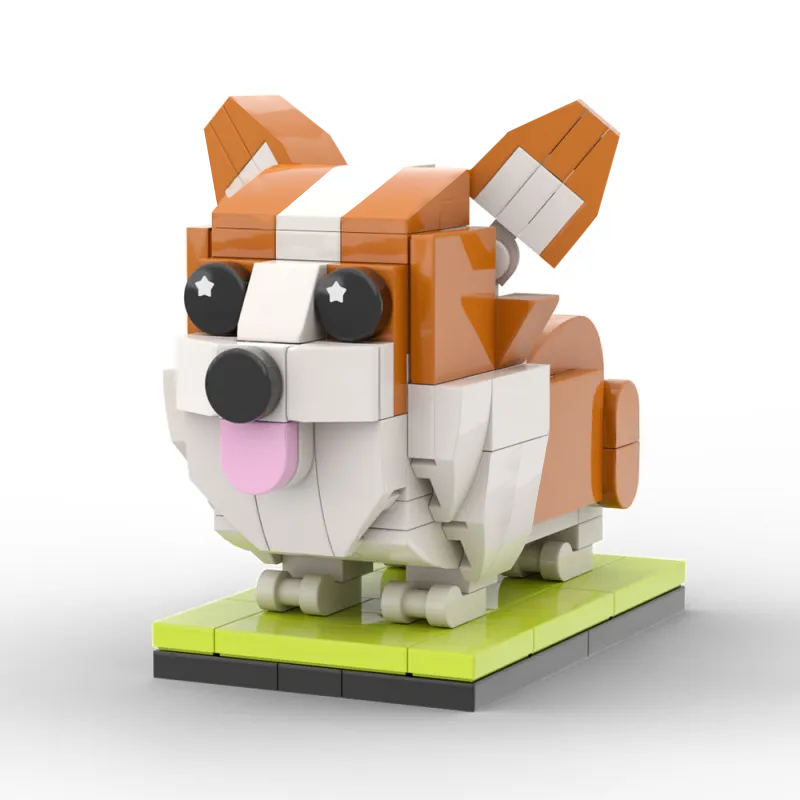 Side view of personalised Corgi brick figure showing customised fur tones, block-built tail and basic accessories — bespoke Corgi mini build created from a single photo