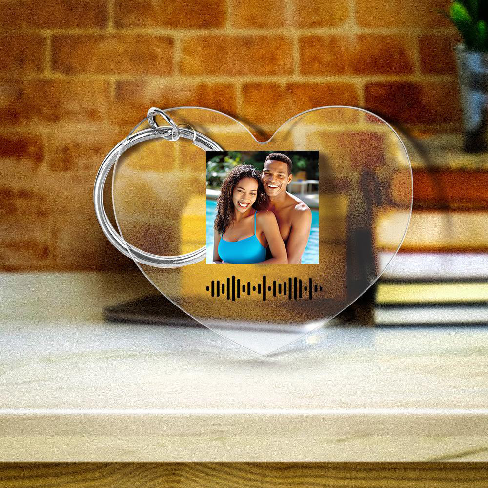 Lifestyle image of personalised music keyring attached to keys and a handbag, featuring sturdy metal ring and clear acrylic design
