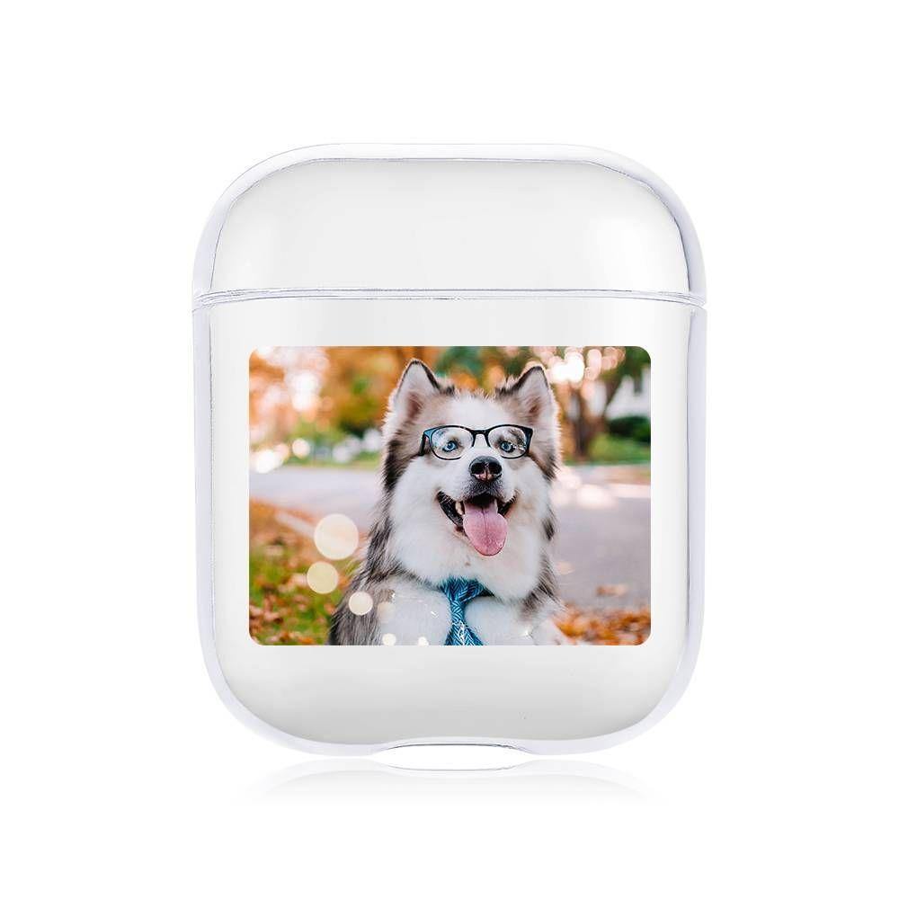 Front view of a transparent acrylic AirPods case with a personalised print.