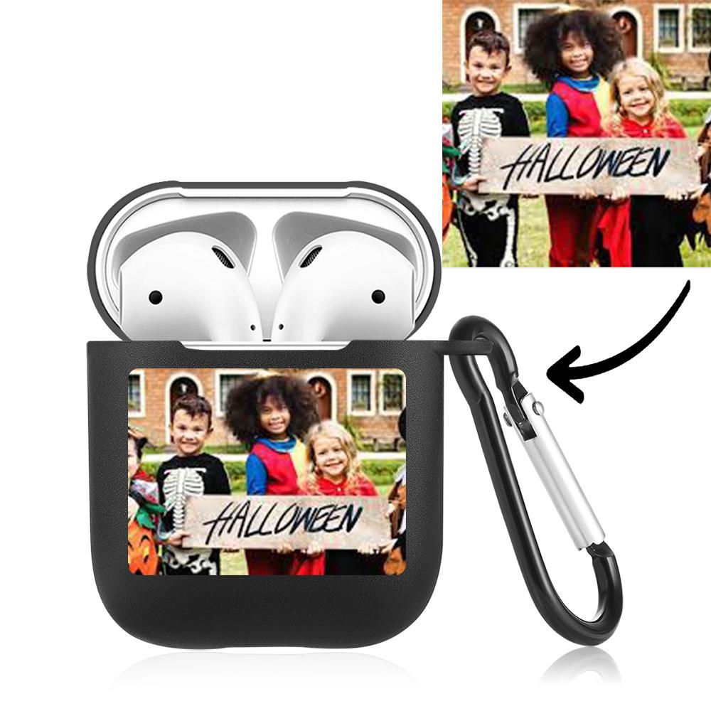 Close-up view of the Personalised AirPods Case showing vibrant UV-printed photo on black TPU and durability of the print.